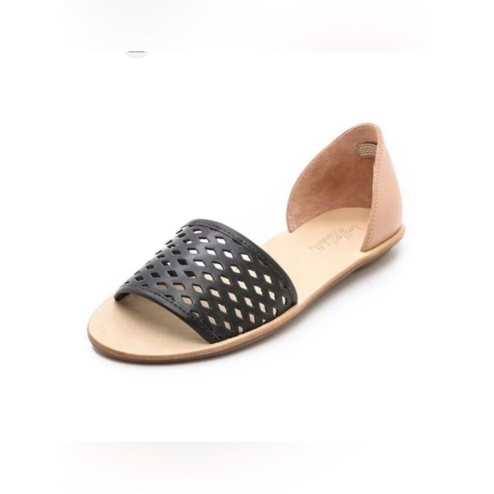 Loeffler Randall Black Tan Laser Cut Diamond Single Strap Flat Sandals